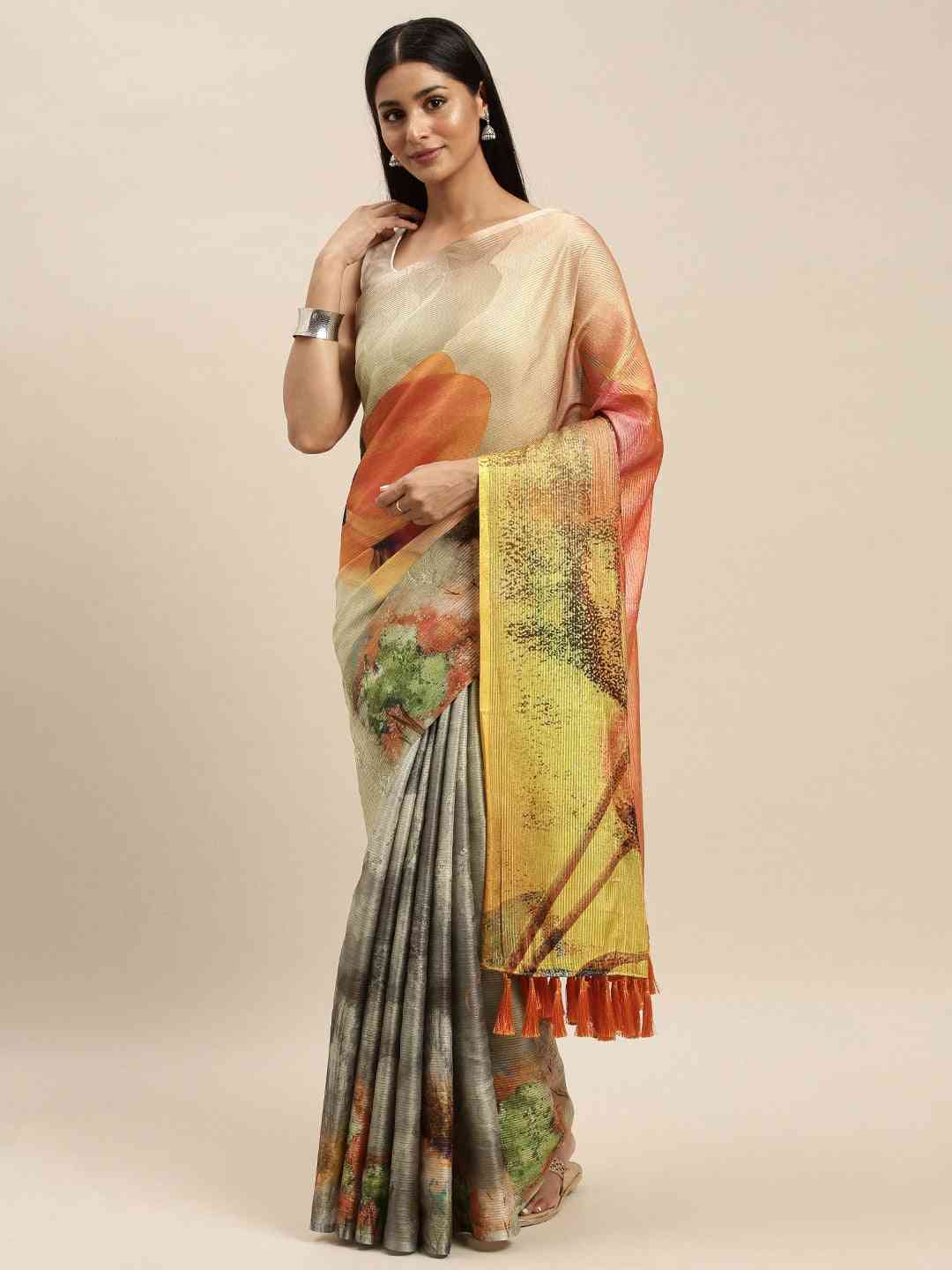 Soft Silk Zari Tissue Weaving Flower Print Design Saree