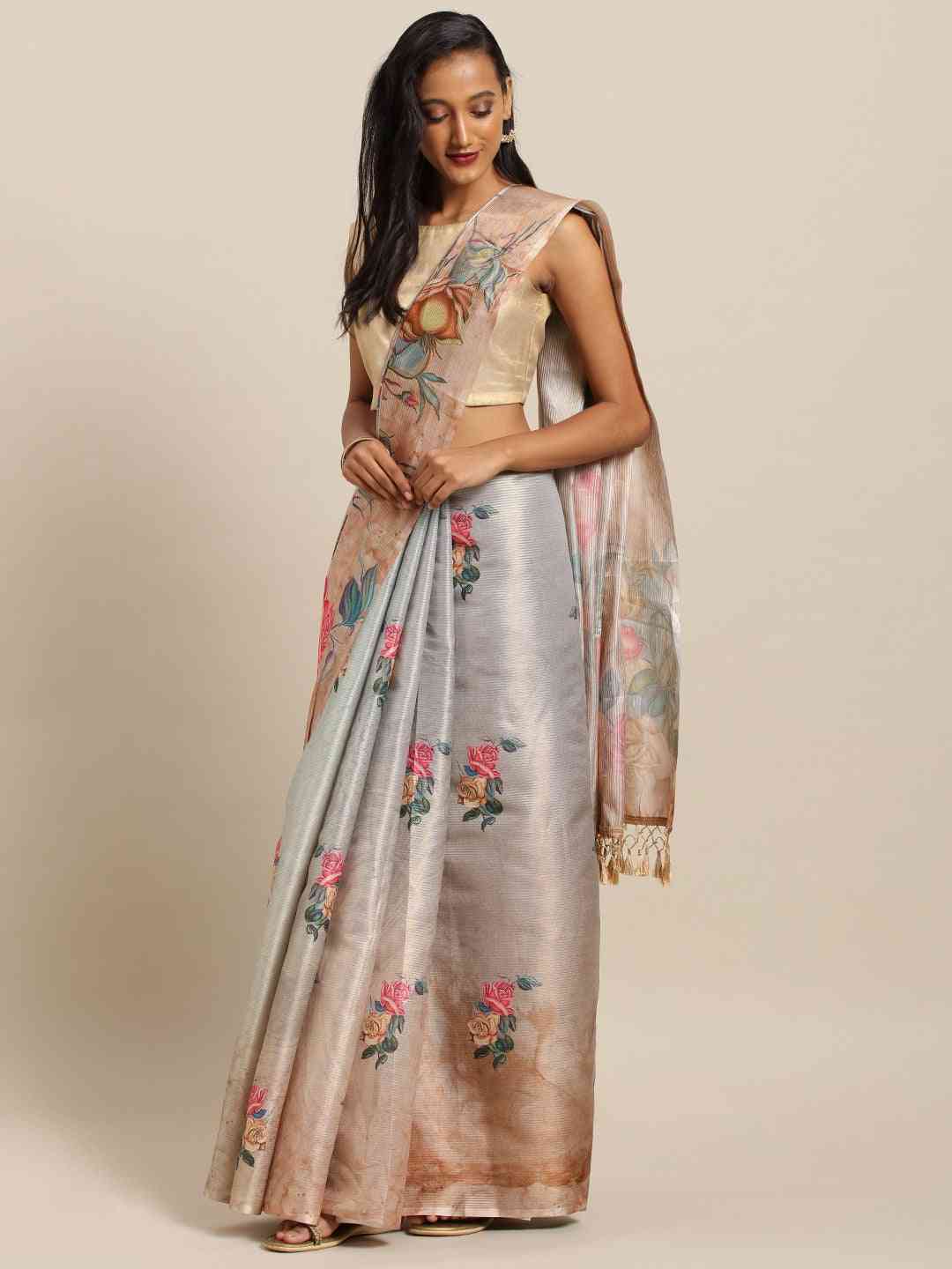 Maheshwari Floral  Printed Saree With Zari Border