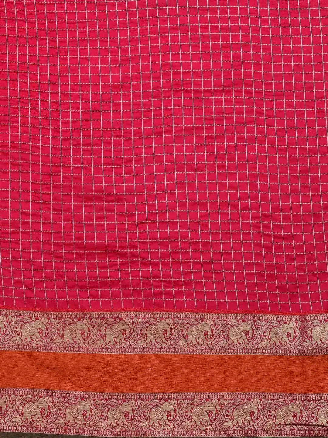 Banarasi Silk Saree with Intricate Checked Pattern and Woven Border