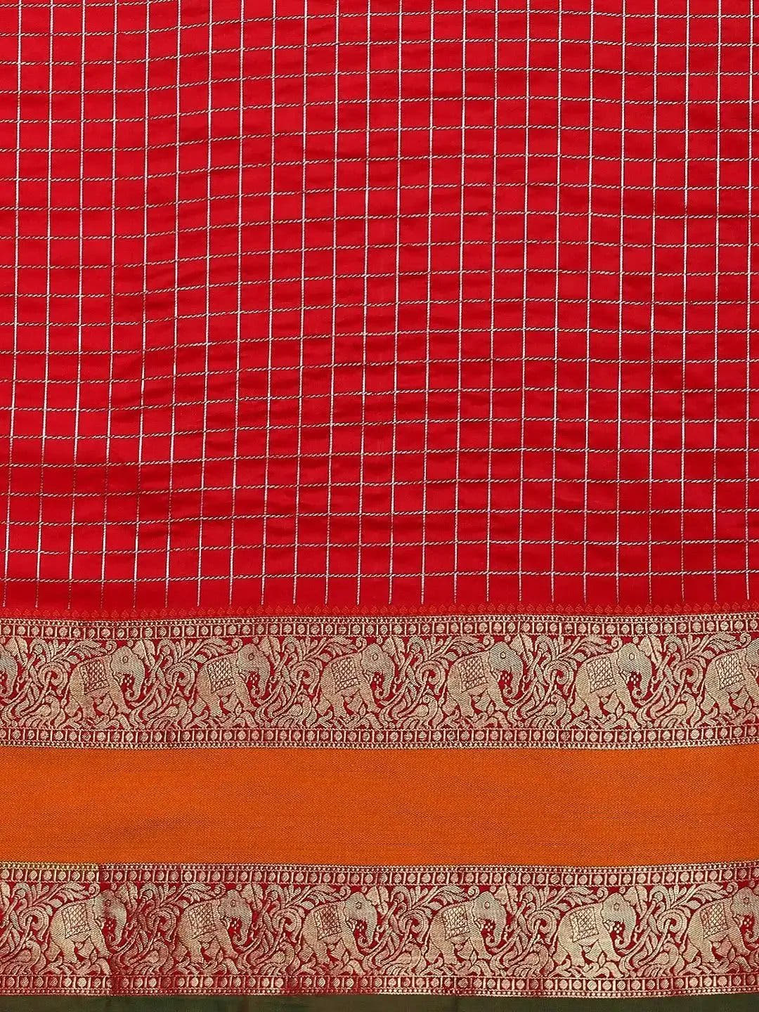 Banarasi Silk Saree with Intricate Checked Pattern and Woven Border