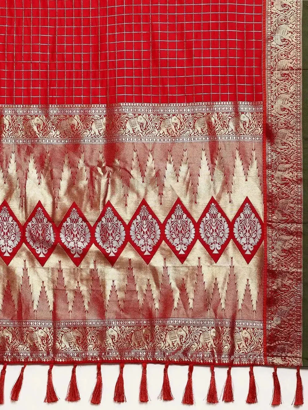 Banarasi Silk Saree with Intricate Checked Pattern and Woven Border