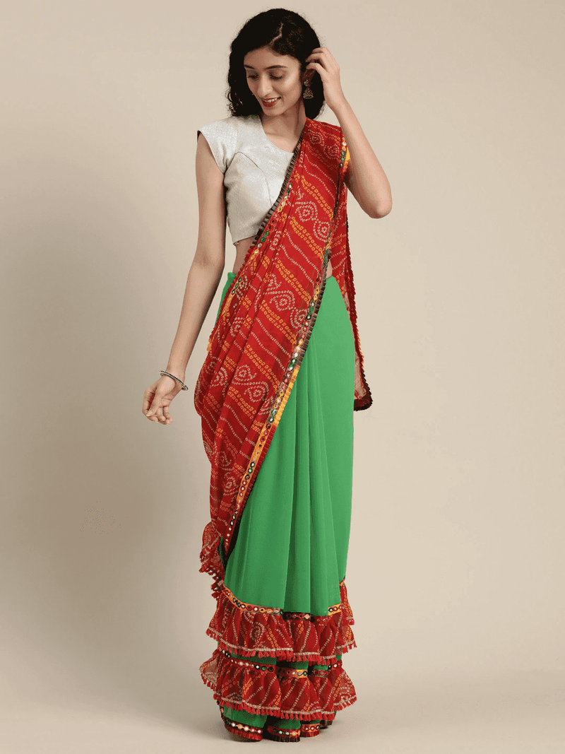 Pure Georgette Green Colour Saree With Mirror Work & Bandhani Print