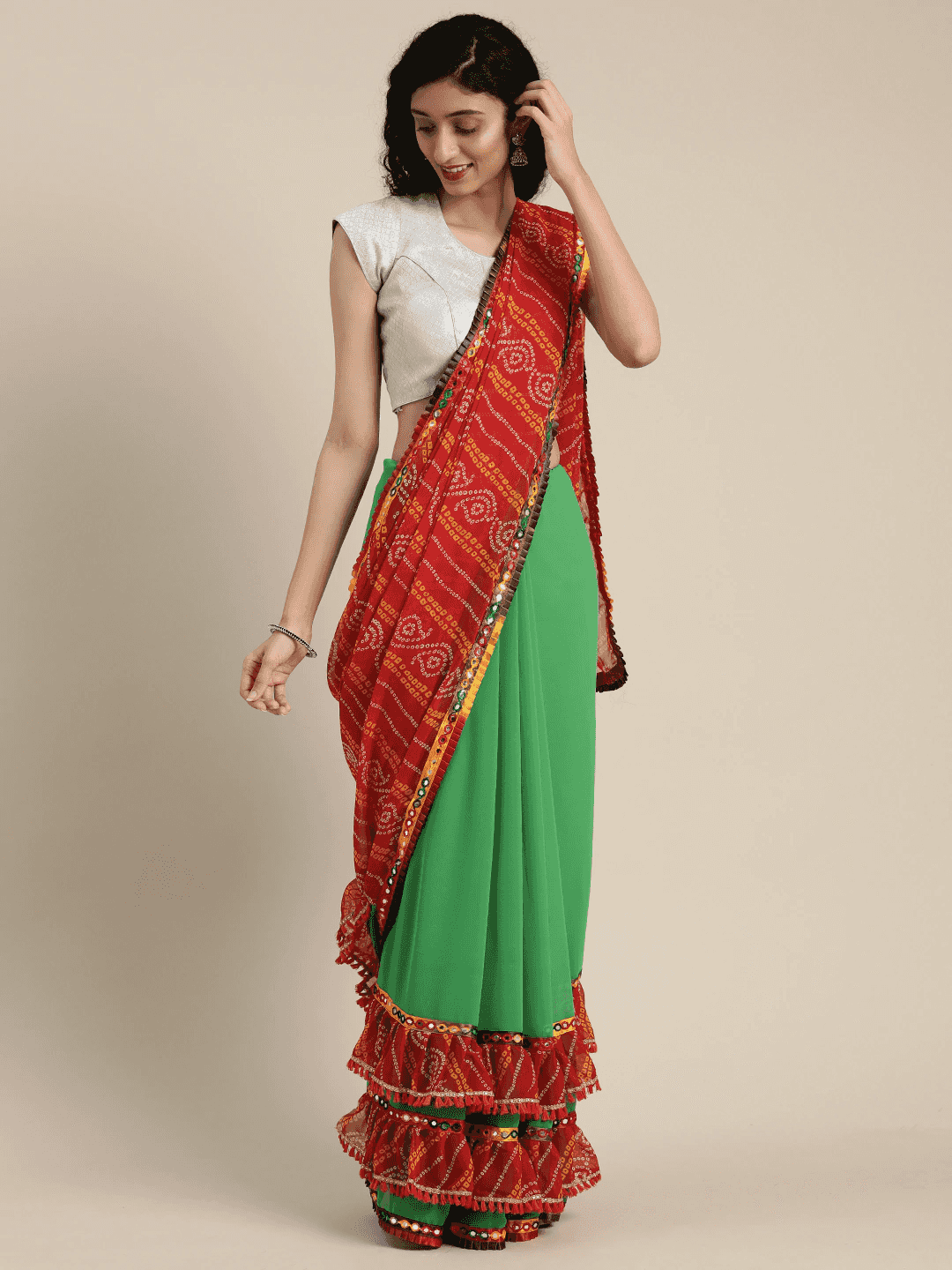 Pure Georgette Green Colour Saree With Mirror Work & Bandhani Print