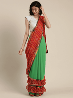 Pure Georgette Green Colour Saree With Mirror Work & Bandhani Print