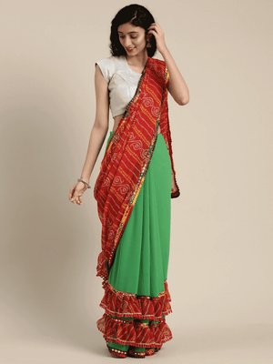 Pure Georgette Green Colour Saree With Mirror Work & Bandhani Print
