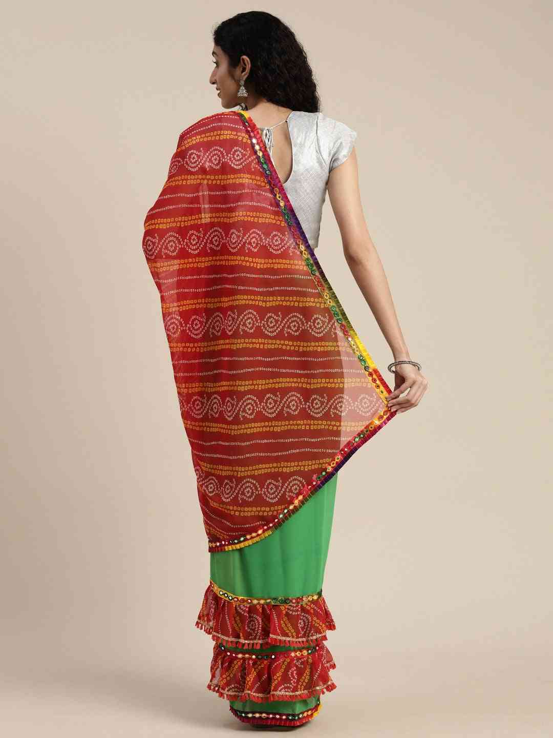 Pure Georgette Green Colour Saree With Mirror Work & Bandhani Print