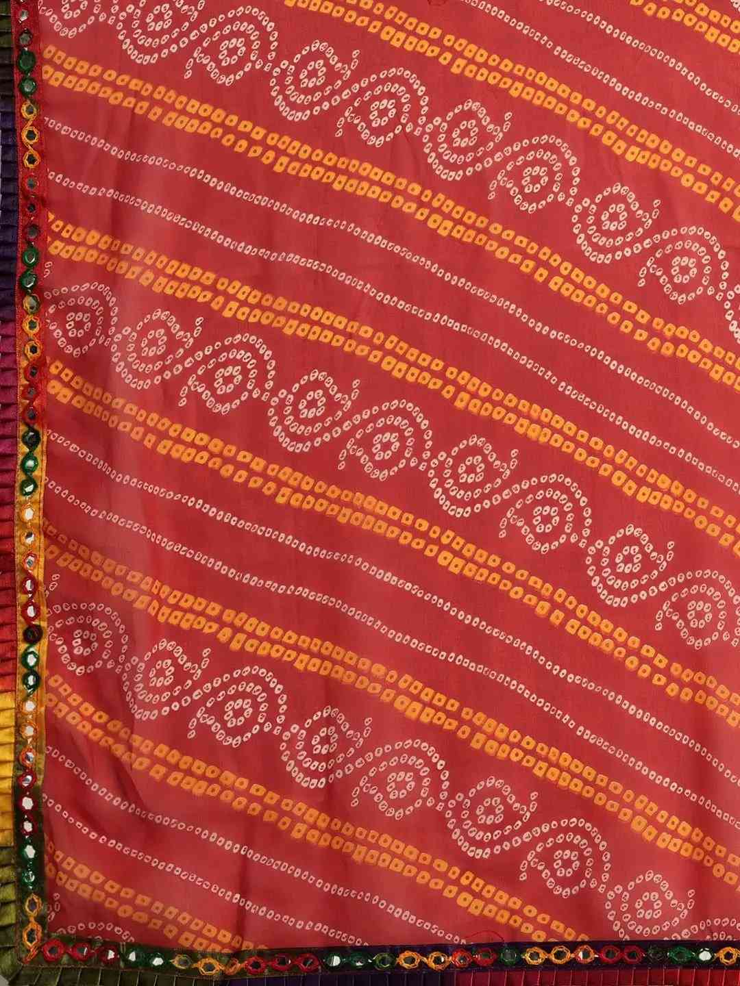 Pure Georgette Green Colour Saree With Mirror Work & Bandhani Print
