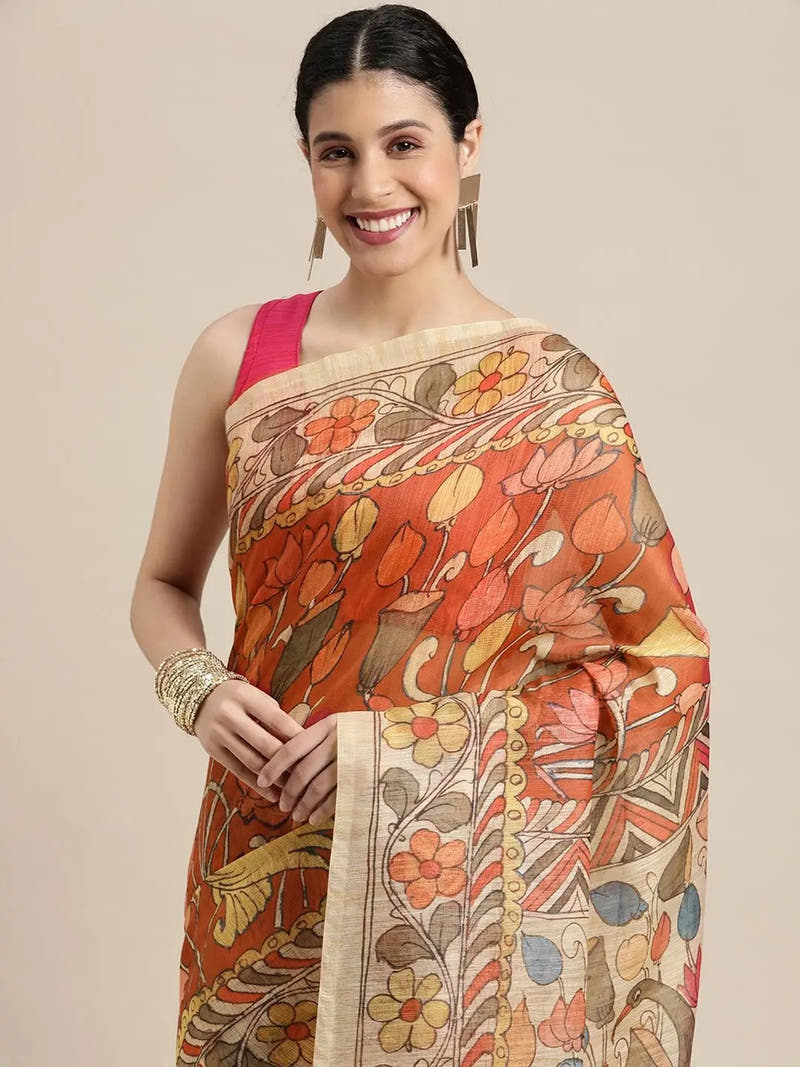 Beautiful Digital Print Kalamakri Design Soft Linen Saree
