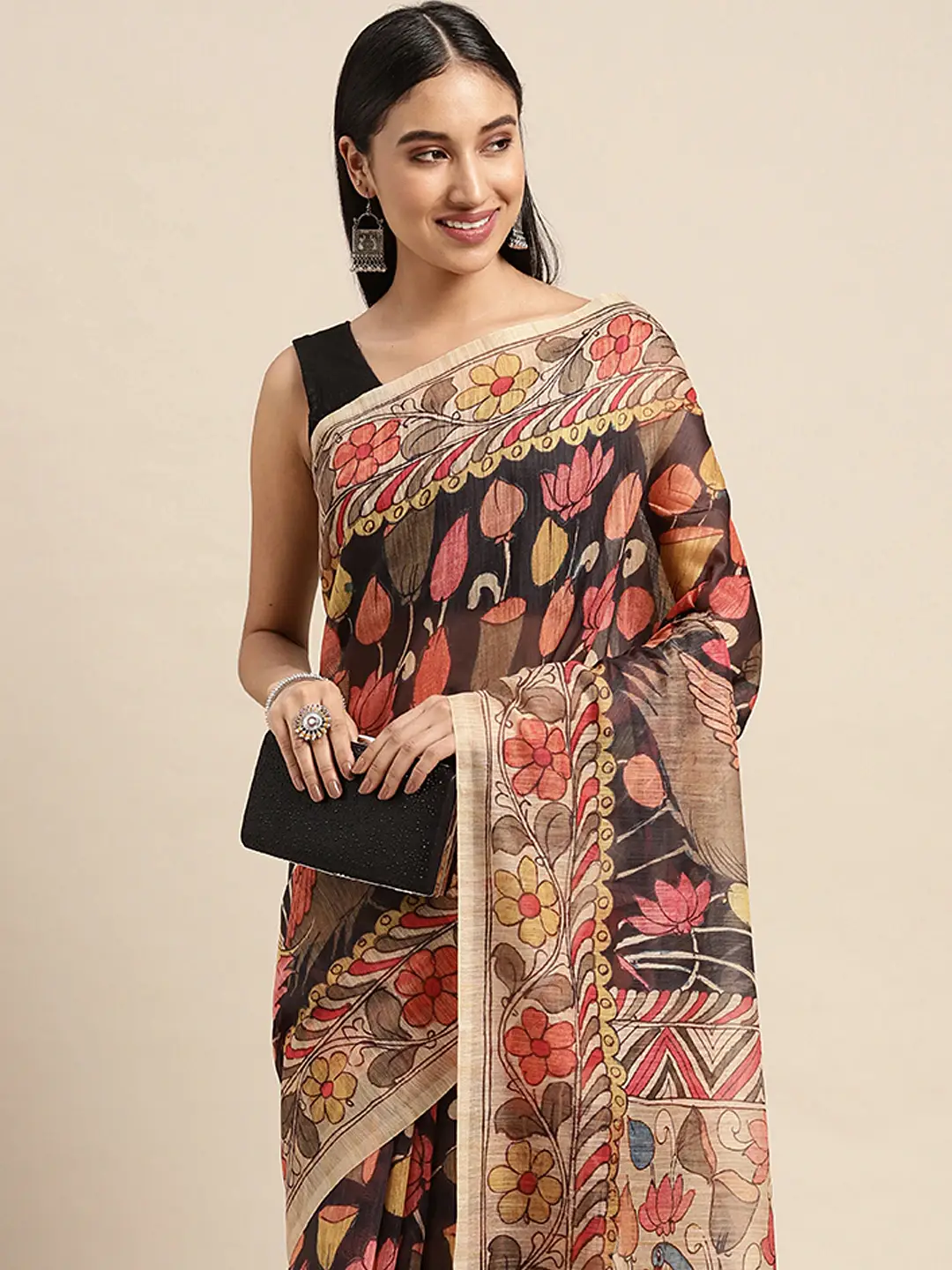 Beautiful Digital Print Kalamakri Design Soft Linen Saree