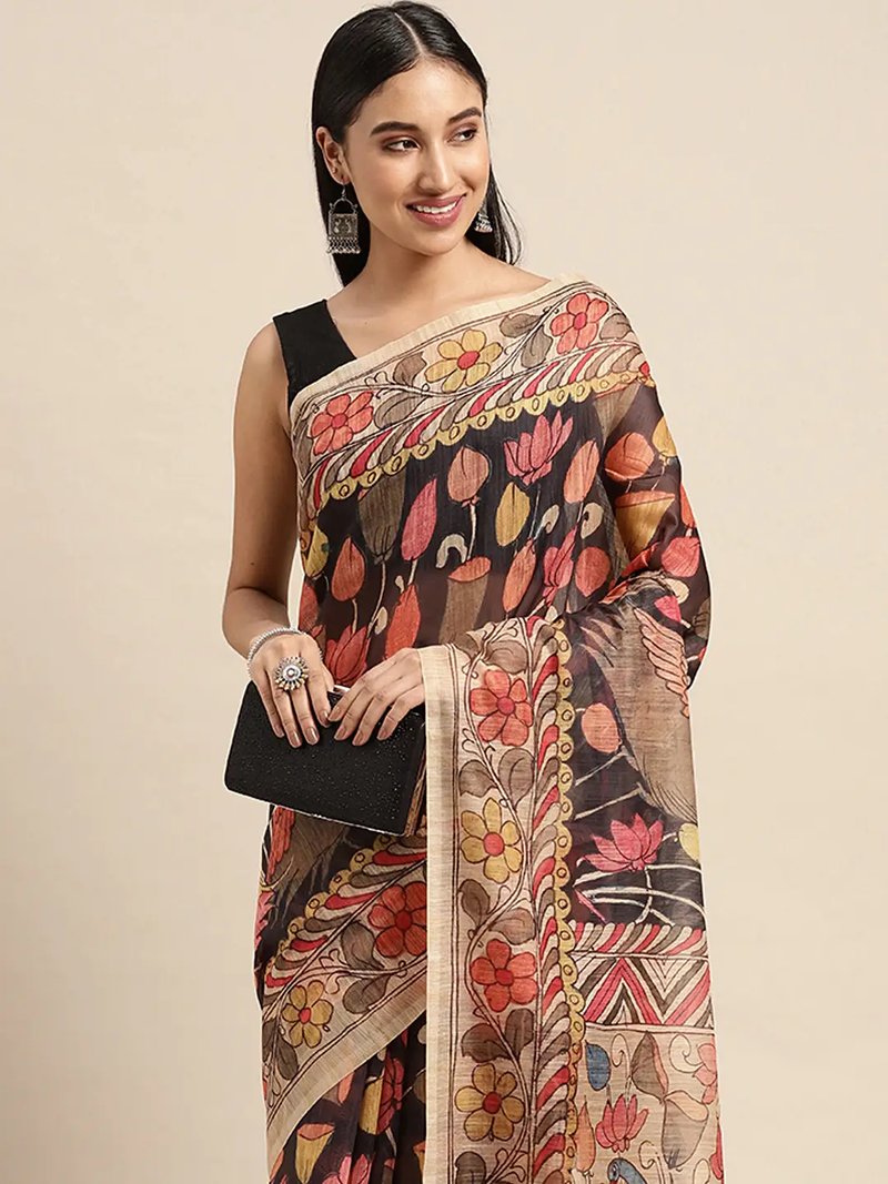 Beautiful Digital Print Kalamakri Design Soft Linen Saree