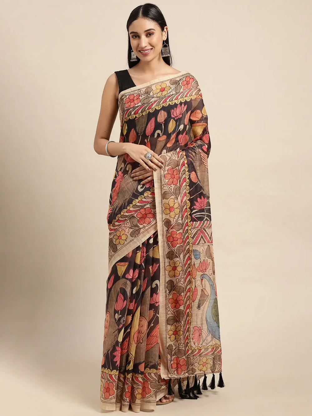 Beautiful Digital Print Kalamakri Design Soft Linen Saree