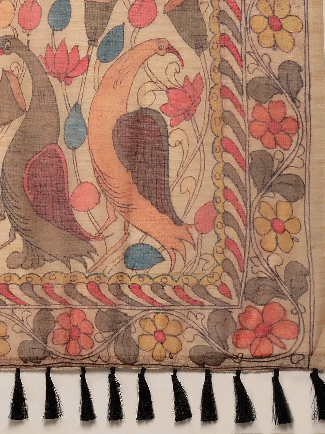 Beautiful Digital Print Kalamakri Design Soft Linen Saree