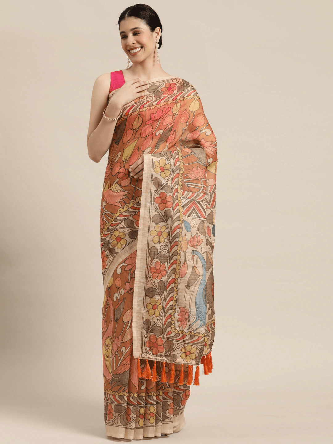 Beautiful Digital Print Kalamakri Design Soft Linen Saree