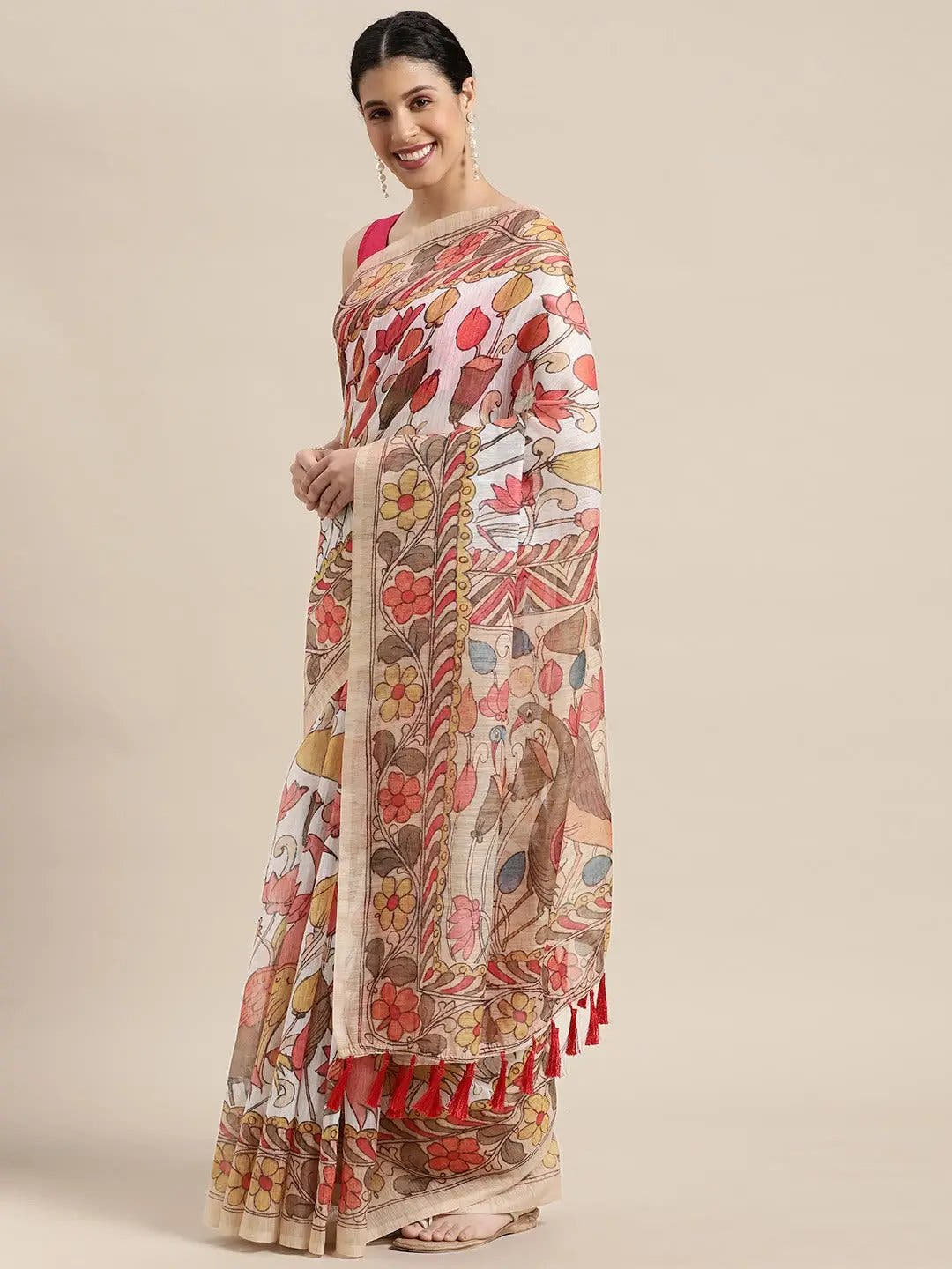 Beautiful Digital Print Kalamakri Design Soft Linen Saree