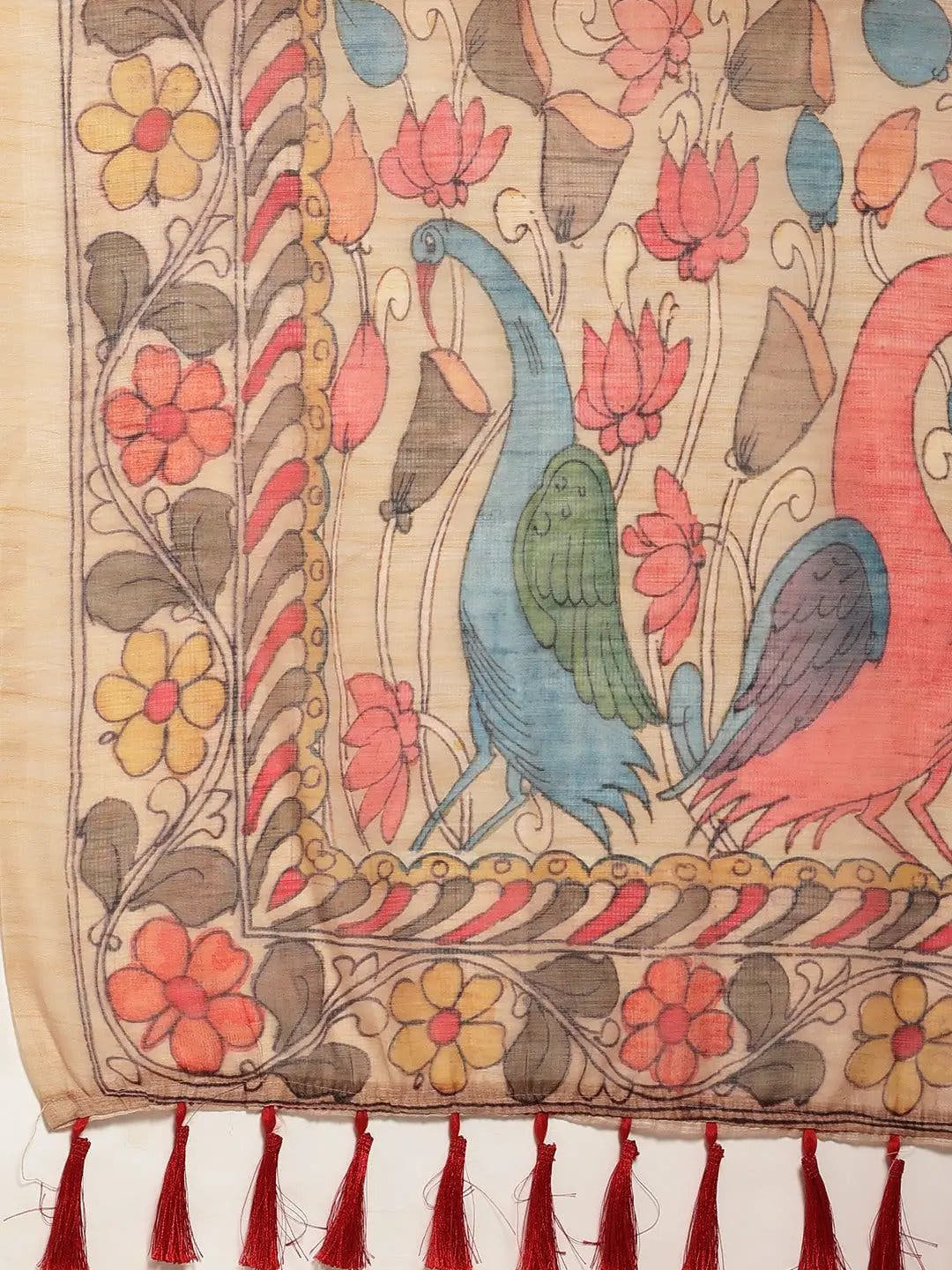 Beautiful Digital Print Kalamakri Design Soft Linen Saree