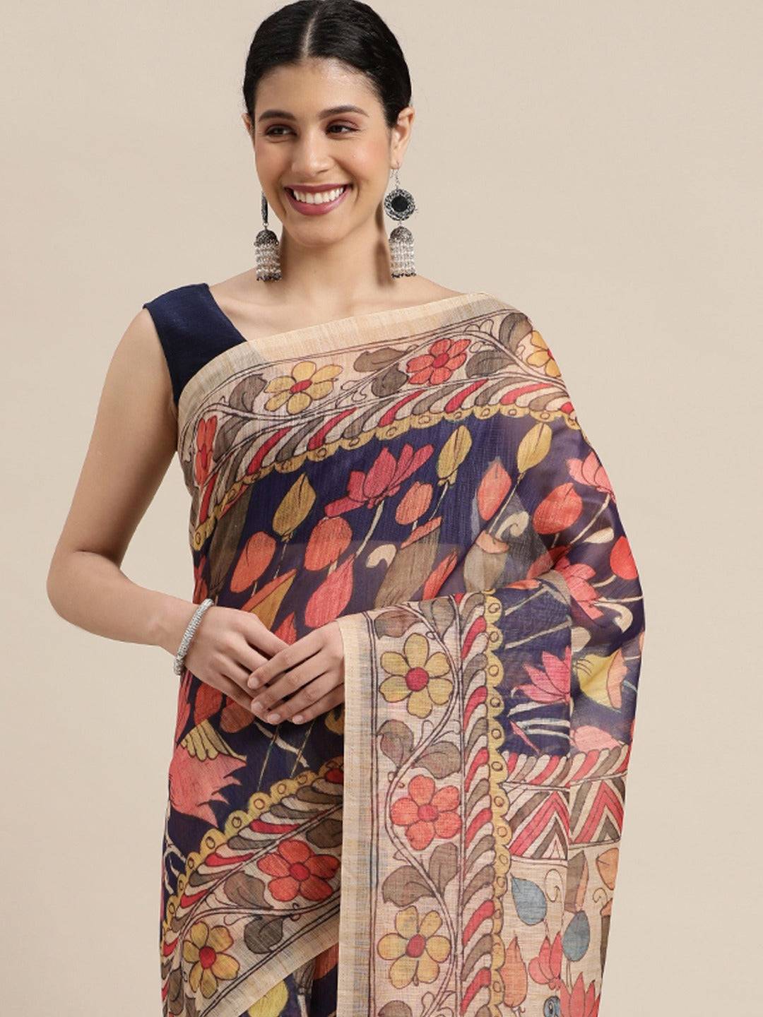 Beautiful Digital Print Kalamakri Design Soft Linen Saree