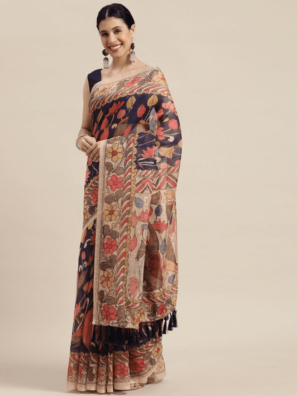 Beautiful Digital Print Kalamakri Design Soft Linen Saree