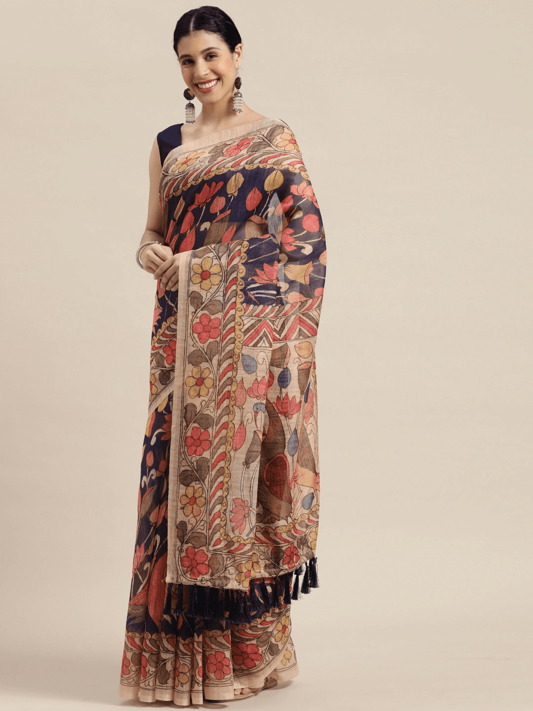 Beautiful Digital Print Kalamakri Design Soft Linen Saree