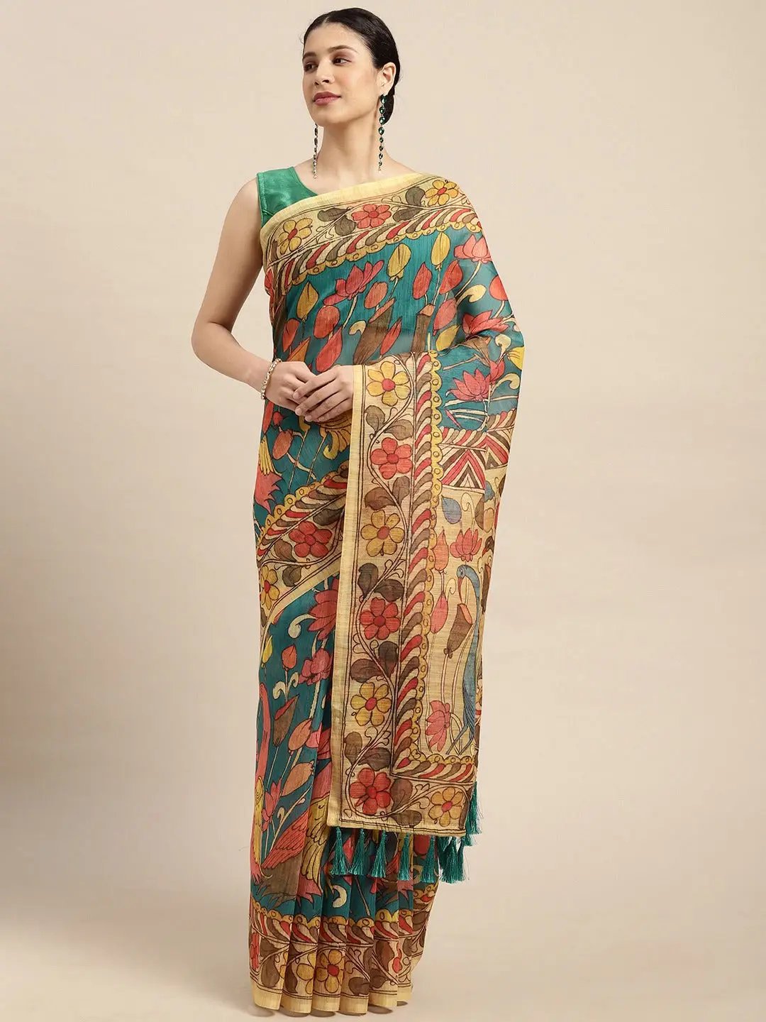 Beautiful Digital Print Kalamakri Design Soft Linen Saree