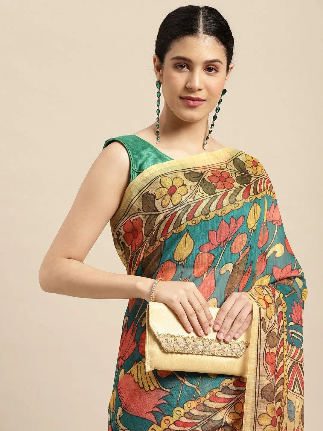 Beautiful Digital Print Kalamakri Design Soft Linen Saree