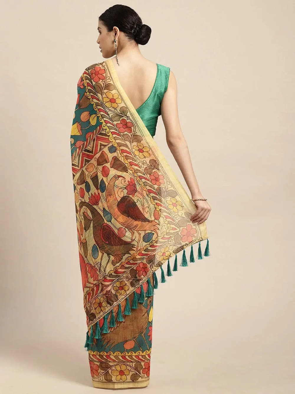 Beautiful Digital Print Kalamakri Design Soft Linen Saree