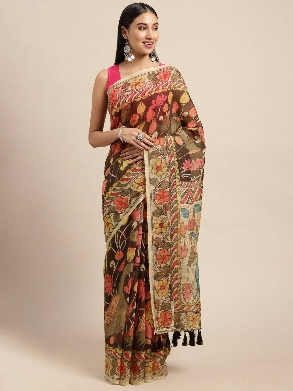 Beautiful Digital Print Kalamakri Design Soft Linen Saree