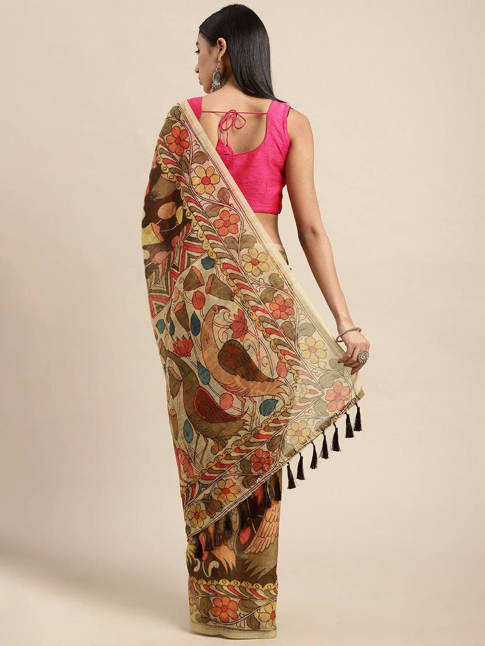 Beautiful Digital Print Kalamakri Design Soft Linen Saree