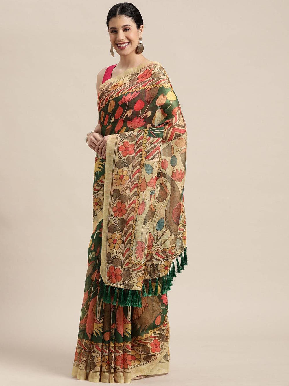 Beautiful Digital Print Kalamakri Design Soft Linen Saree