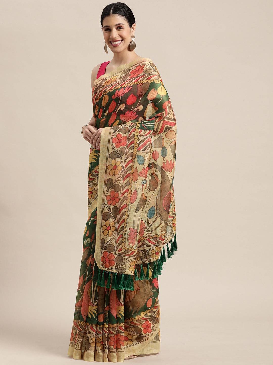 Beautiful Digital Print Kalamakri Design Soft Linen Saree