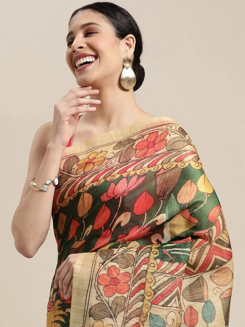 Beautiful Digital Print Kalamakri Design Soft Linen Saree