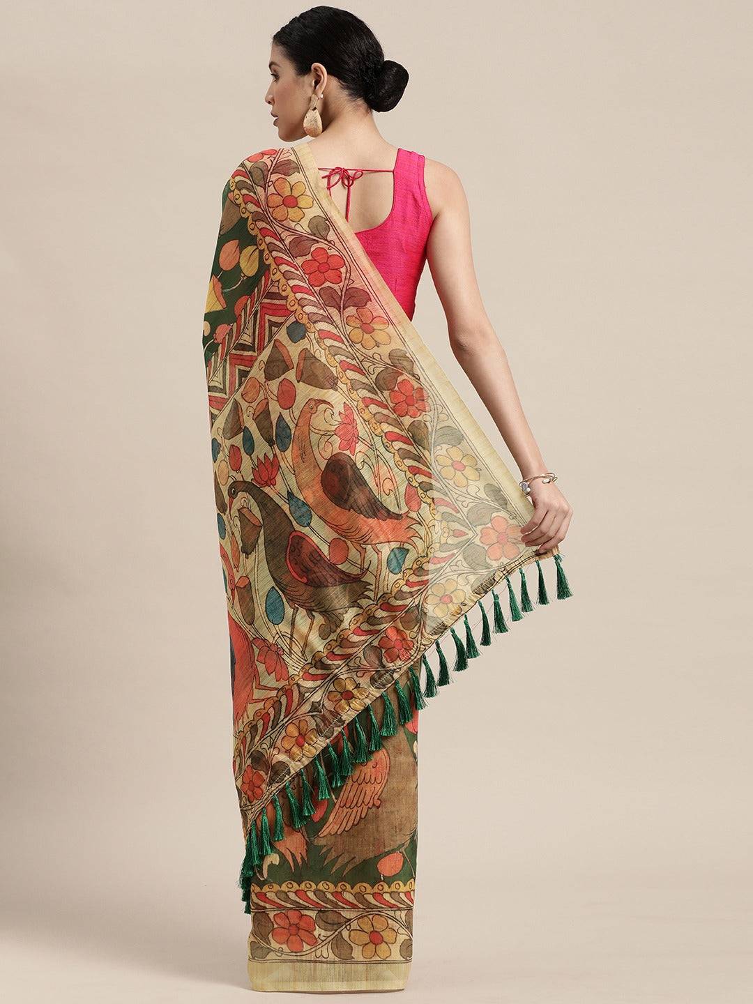Beautiful Digital Print Kalamakri Design Soft Linen Saree