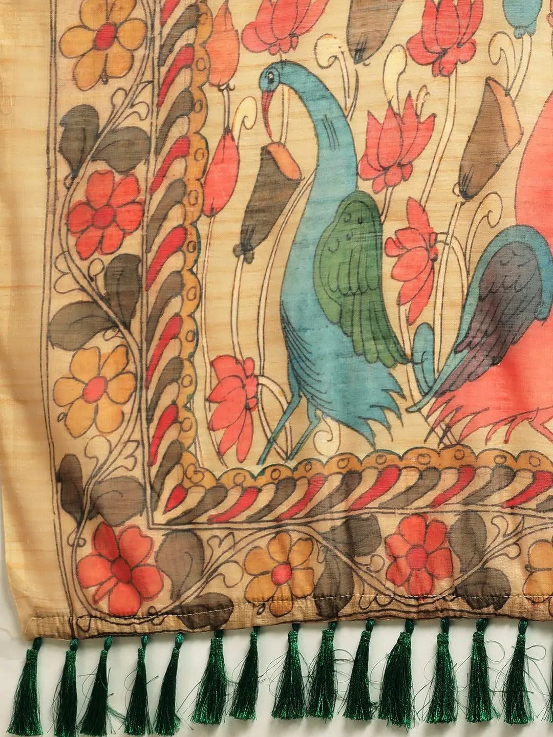 Beautiful Digital Print Kalamakri Design Soft Linen Saree