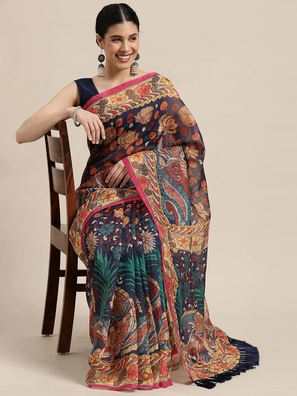 Beautiful Digital Print Kalamakri Design Soft Linen Saree