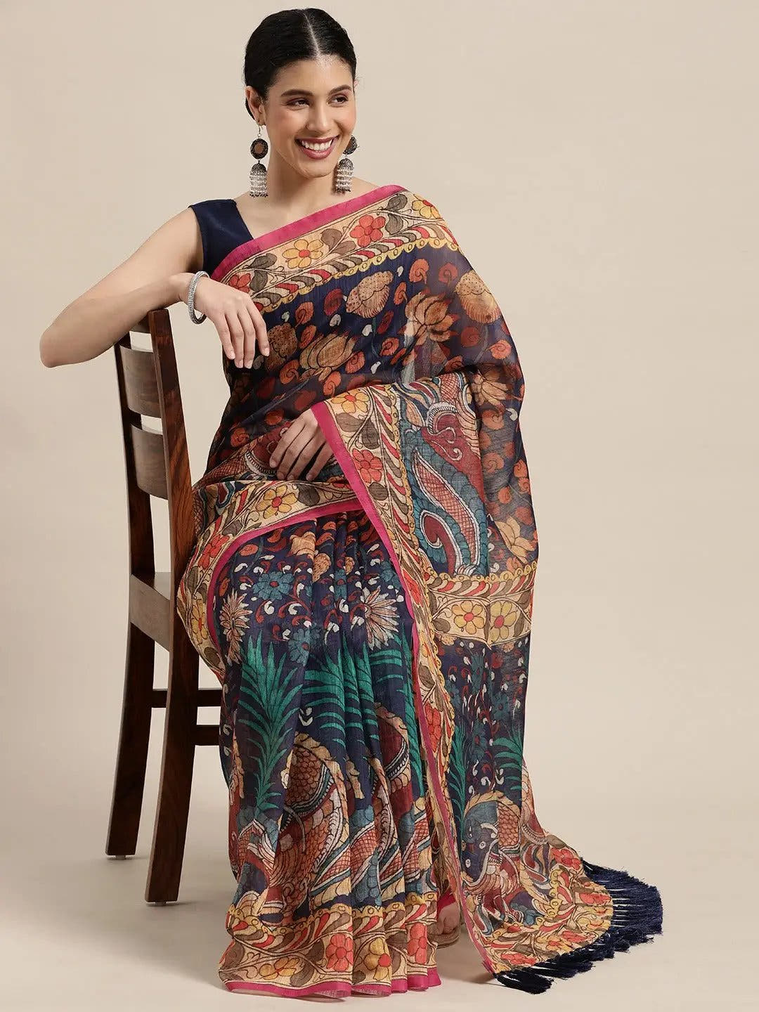 Beautiful Digital Print Kalamakri Design Soft Linen Saree