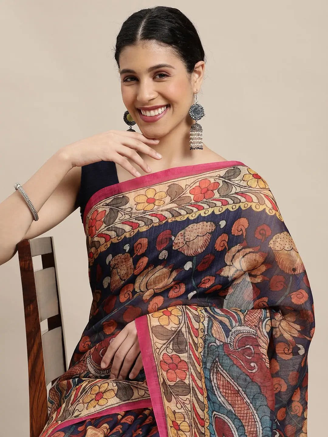 Beautiful Digital Print Kalamakri Design Soft Linen Saree