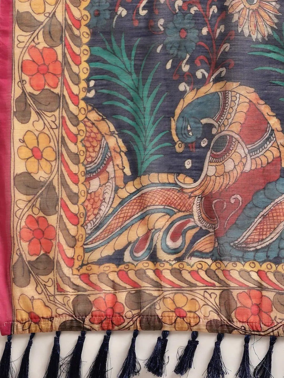 Beautiful Digital Print Kalamakri Design Soft Linen Saree