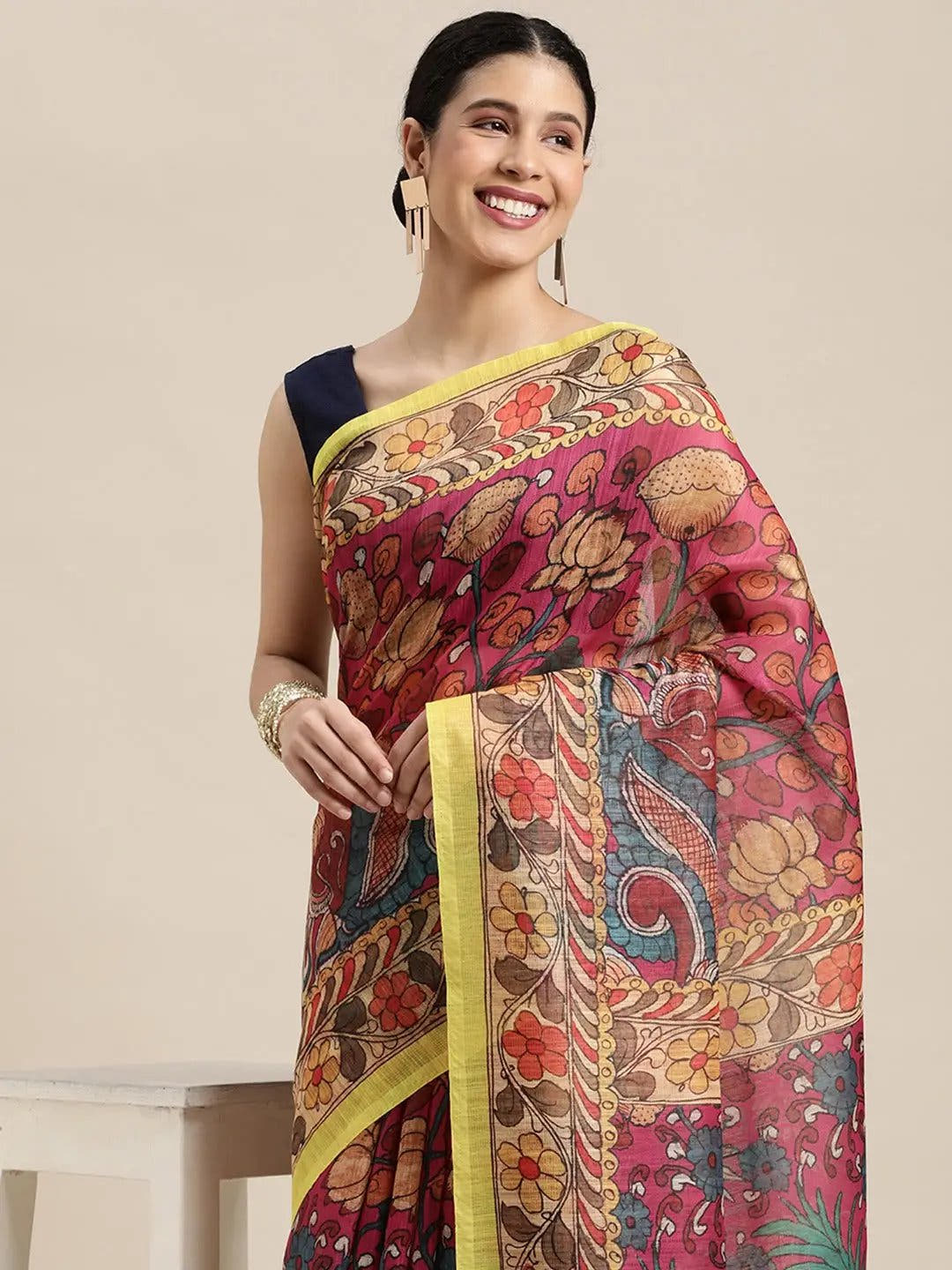 Beautiful Digital Print Kalamakri Design Soft Linen Saree