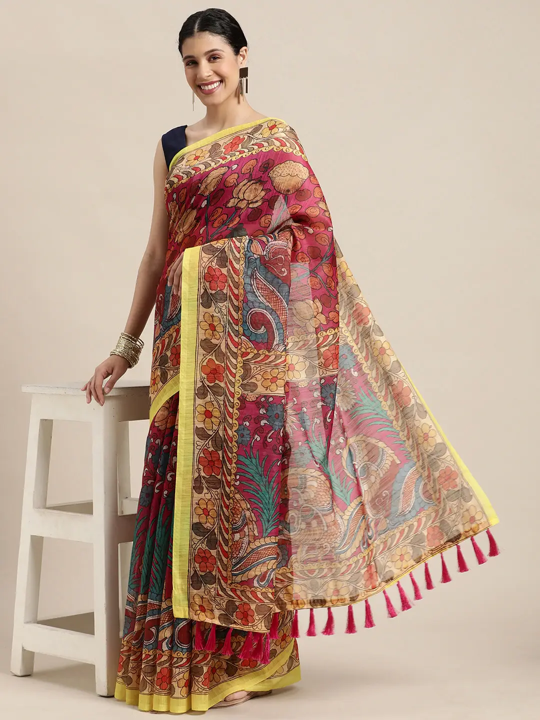 Beautiful Digital Print Kalamakri Design Soft Linen Saree