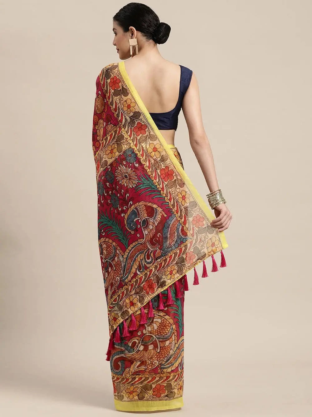 Beautiful Digital Print Kalamakri Design Soft Linen Saree