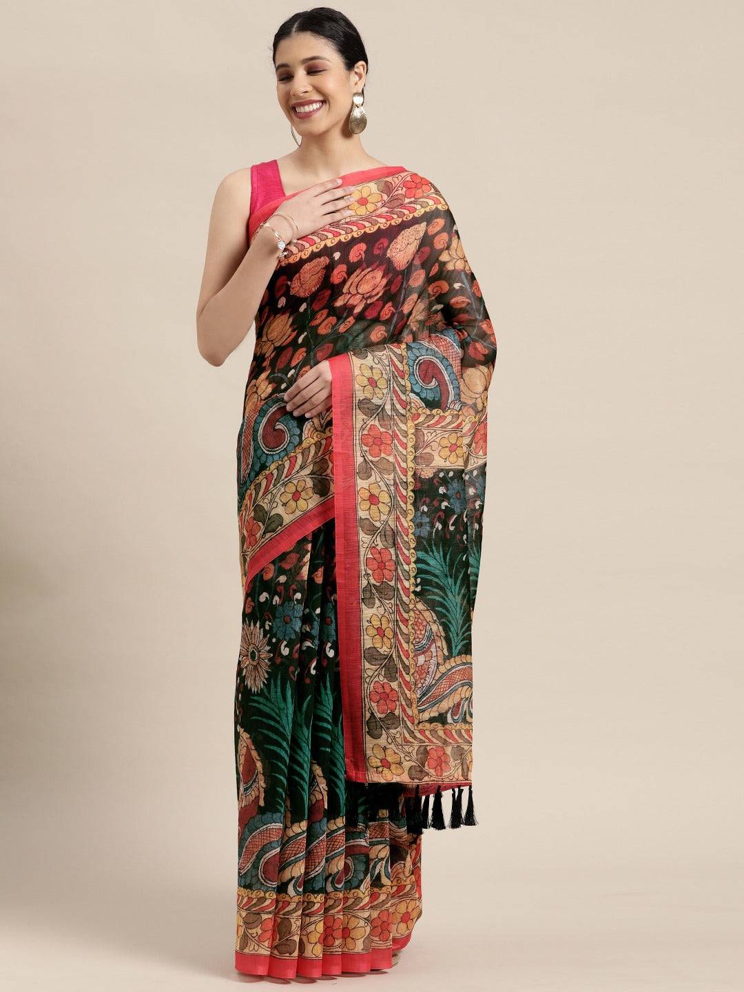 Beautiful Digital Print Kalamakri Design Soft Linen Saree