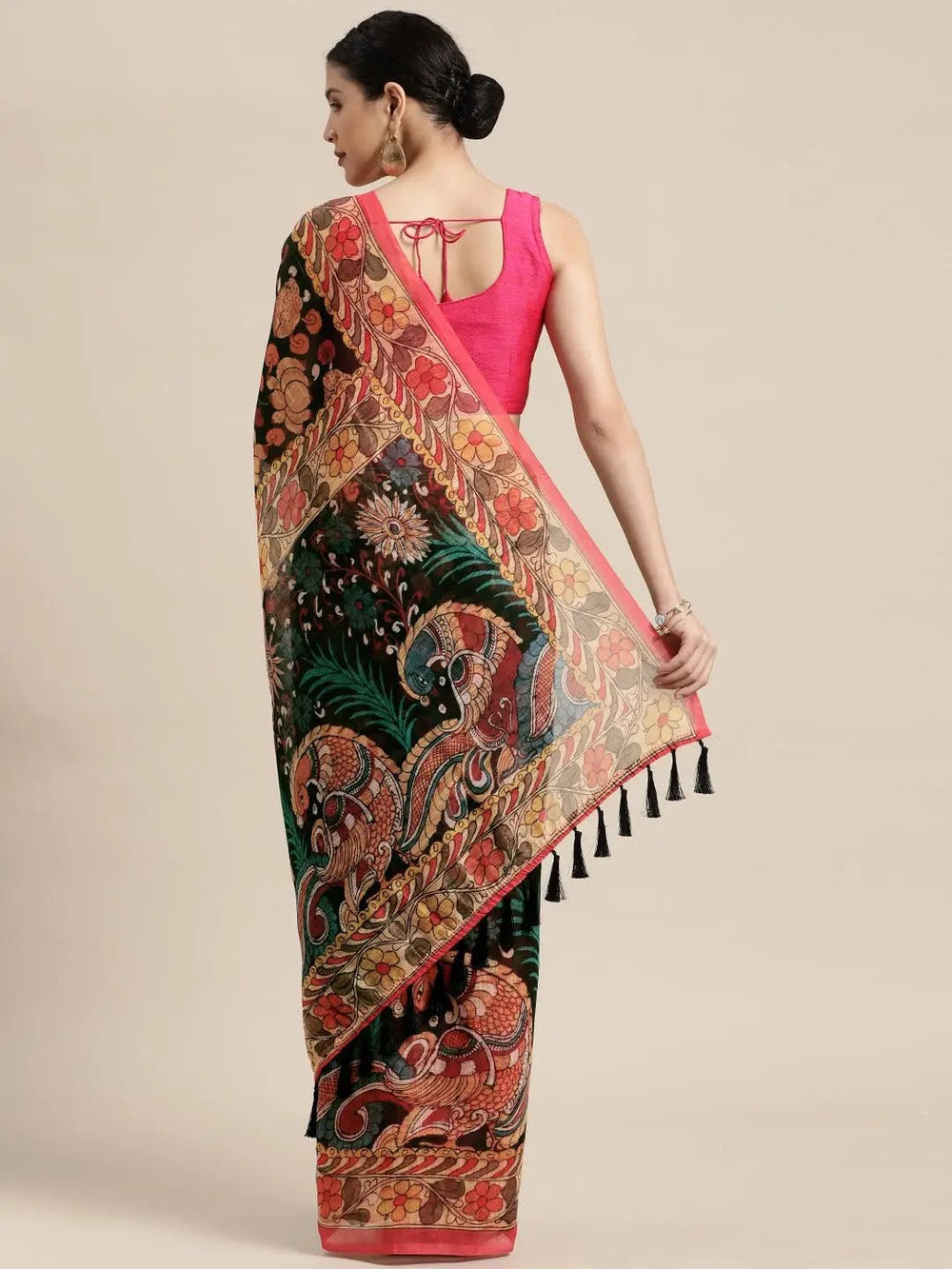 Beautiful Digital Print Kalamakri Design Soft Linen Saree
