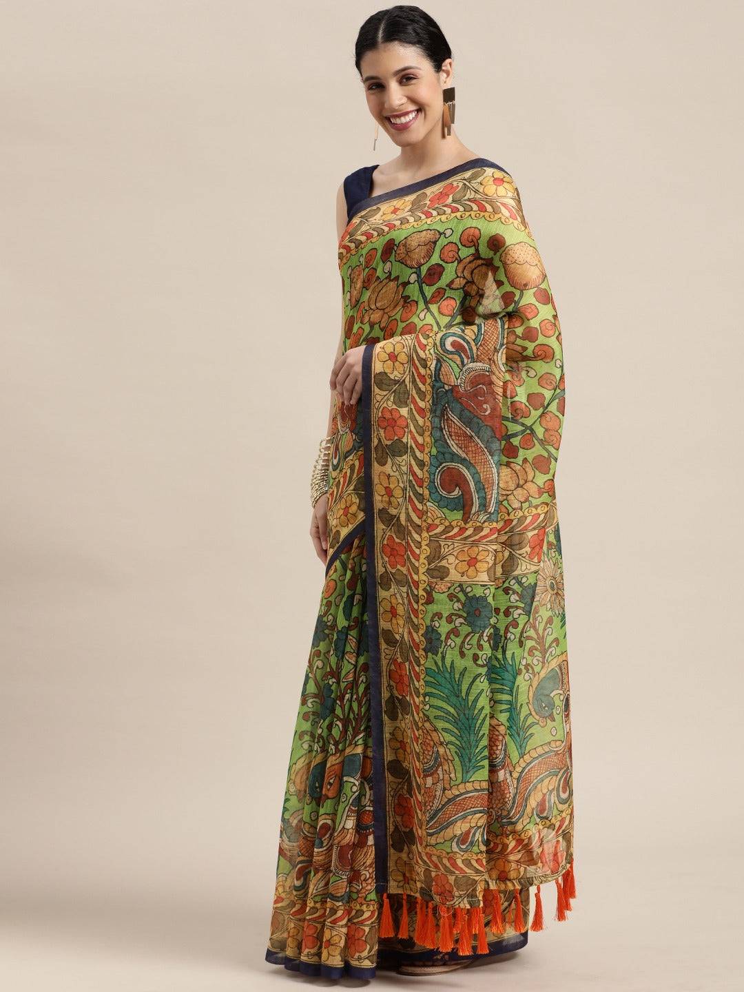 Beautiful Digital Print Kalamakri Design Soft Linen Saree