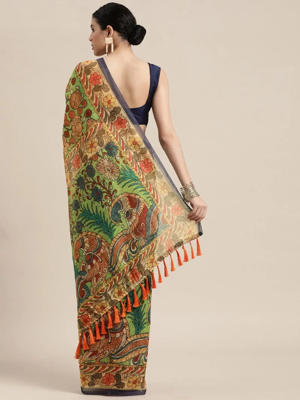 Beautiful Digital Print Kalamakri Design Soft Linen Saree