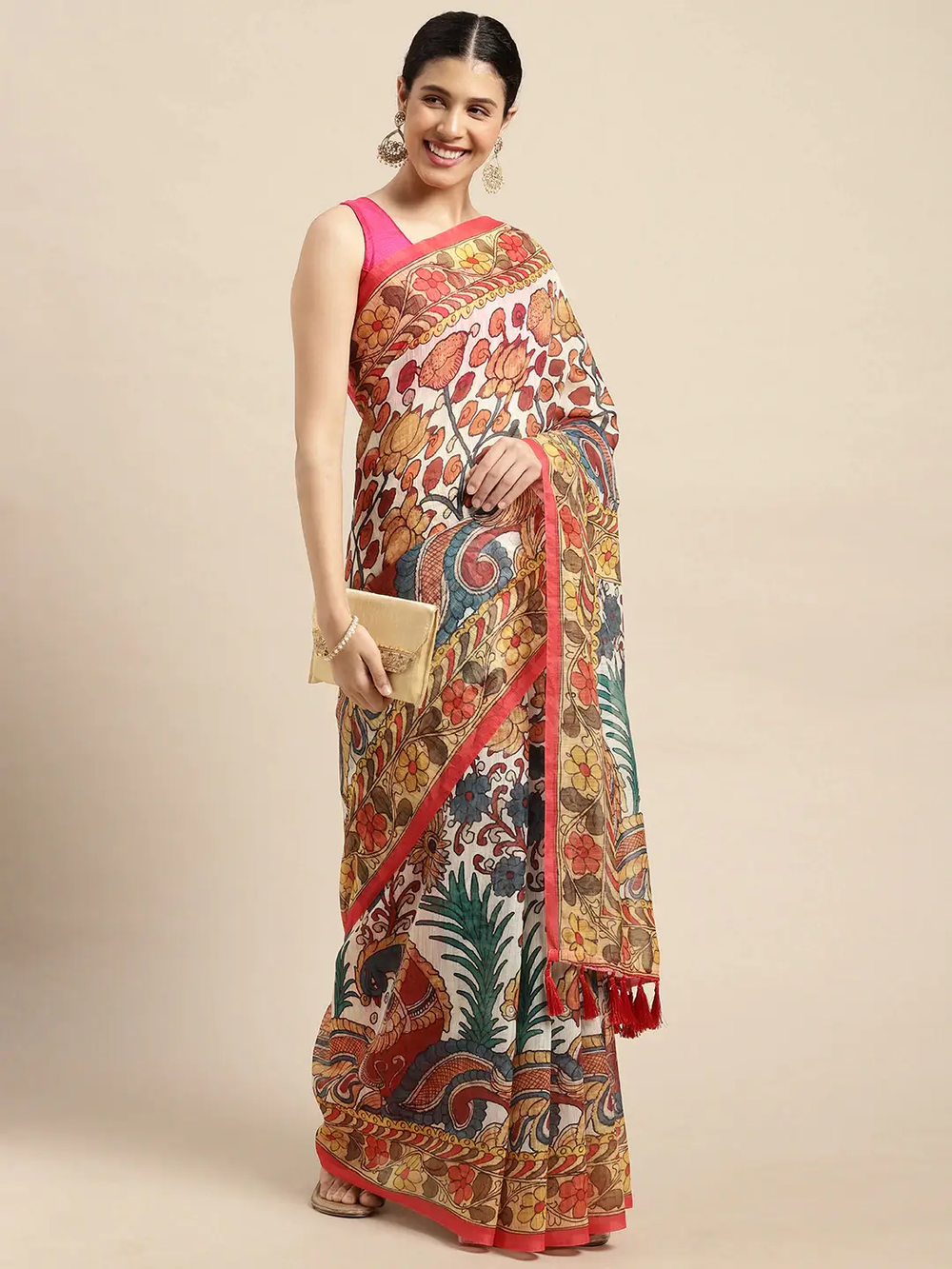 Beautiful Digital Print Kalamakri Design Soft Linen Saree