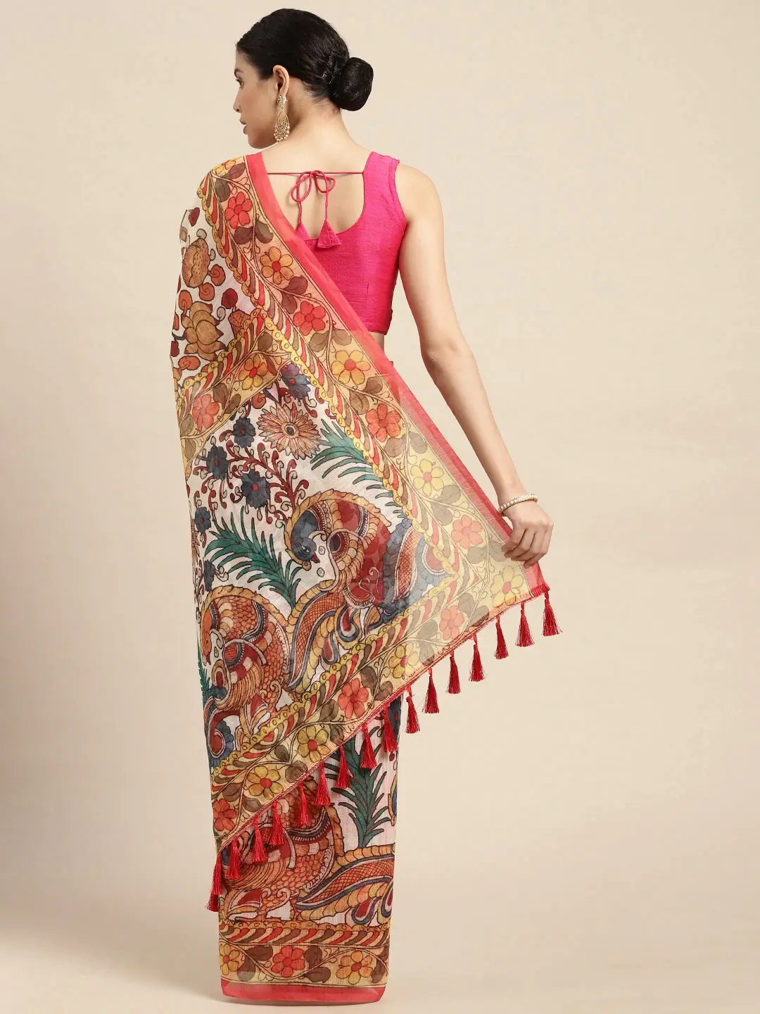 Beautiful Digital Print Kalamakri Design Soft Linen Saree