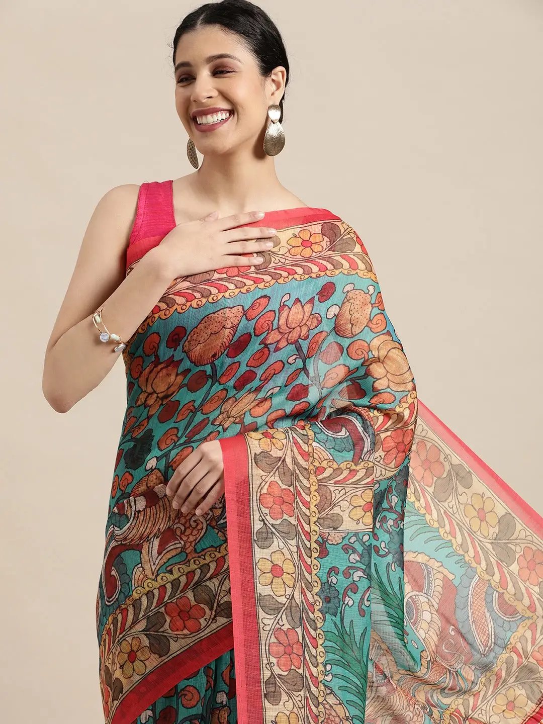 Beautiful Digital Print Kalamakri Design Soft Linen Saree