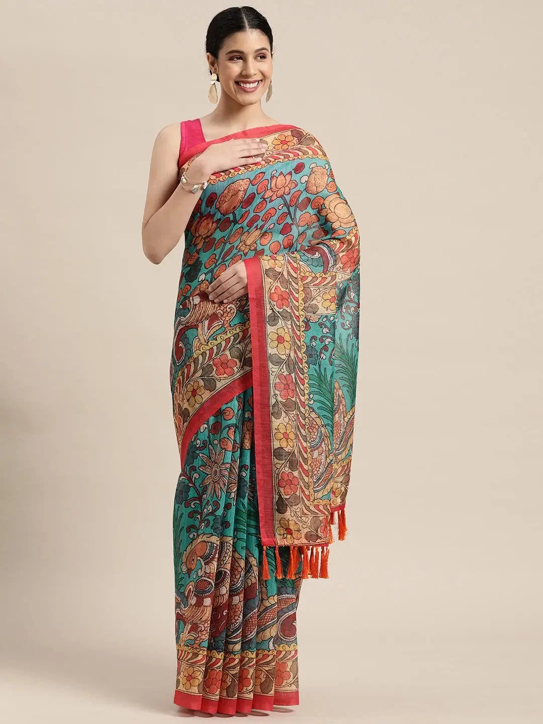 Beautiful Digital Print Kalamakri Design Soft Linen Saree
