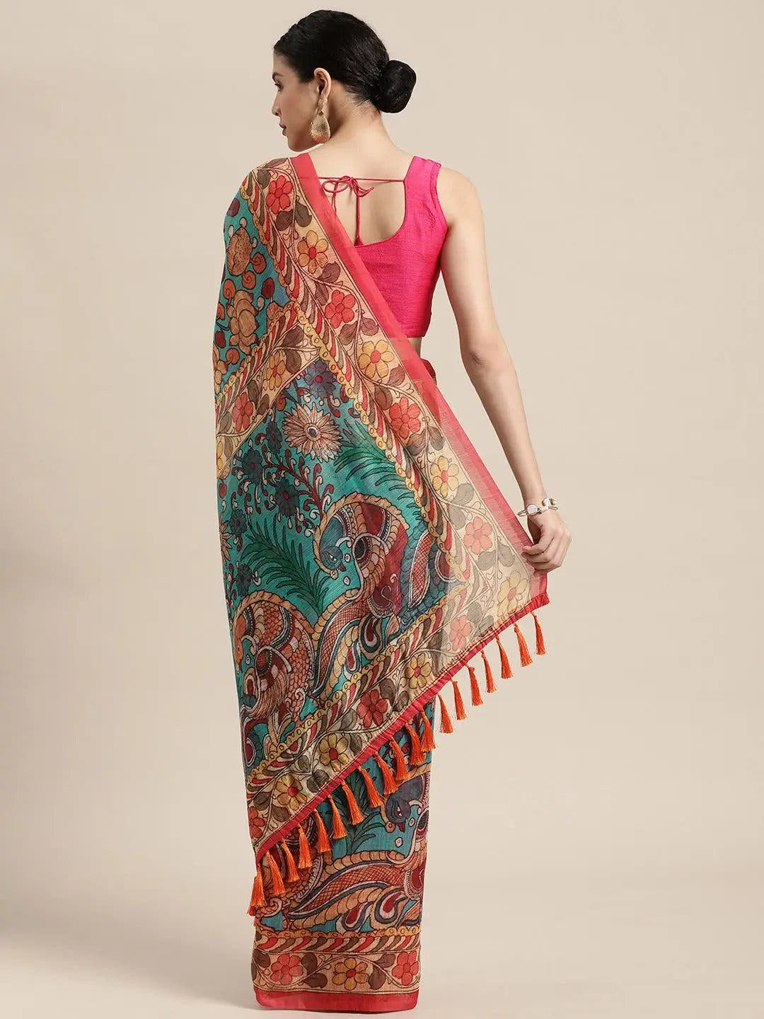 Beautiful Digital Print Kalamakri Design Soft Linen Saree