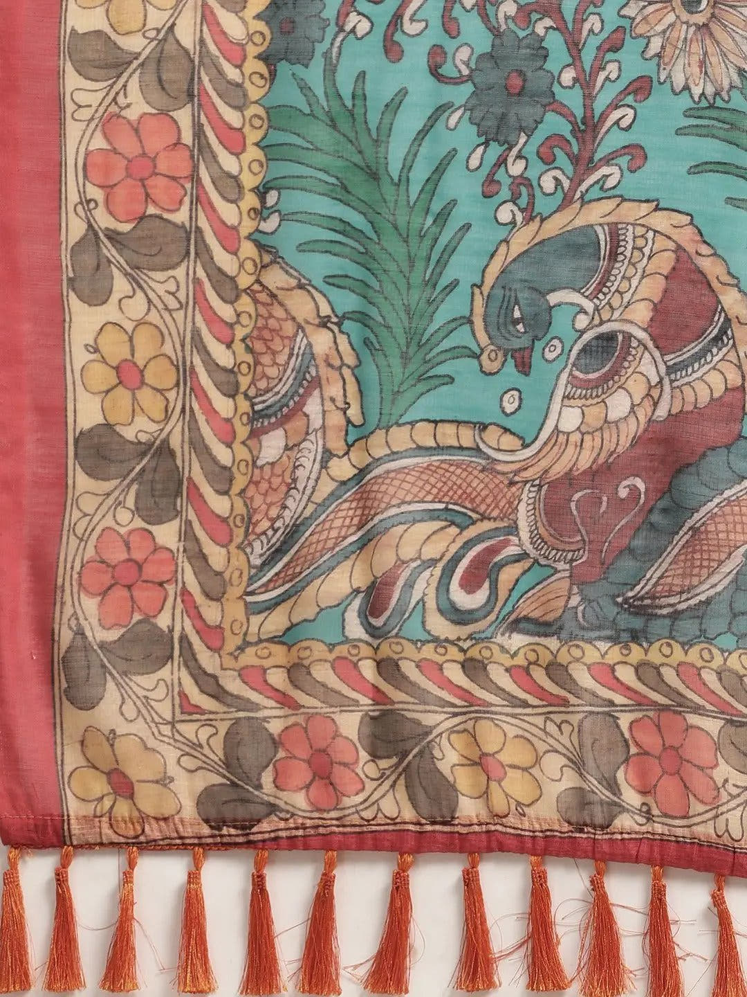 Beautiful Digital Print Kalamakri Design Soft Linen Saree