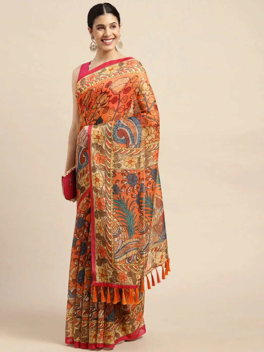 Beautiful Digital Print Kalamakri Design Soft Linen Saree